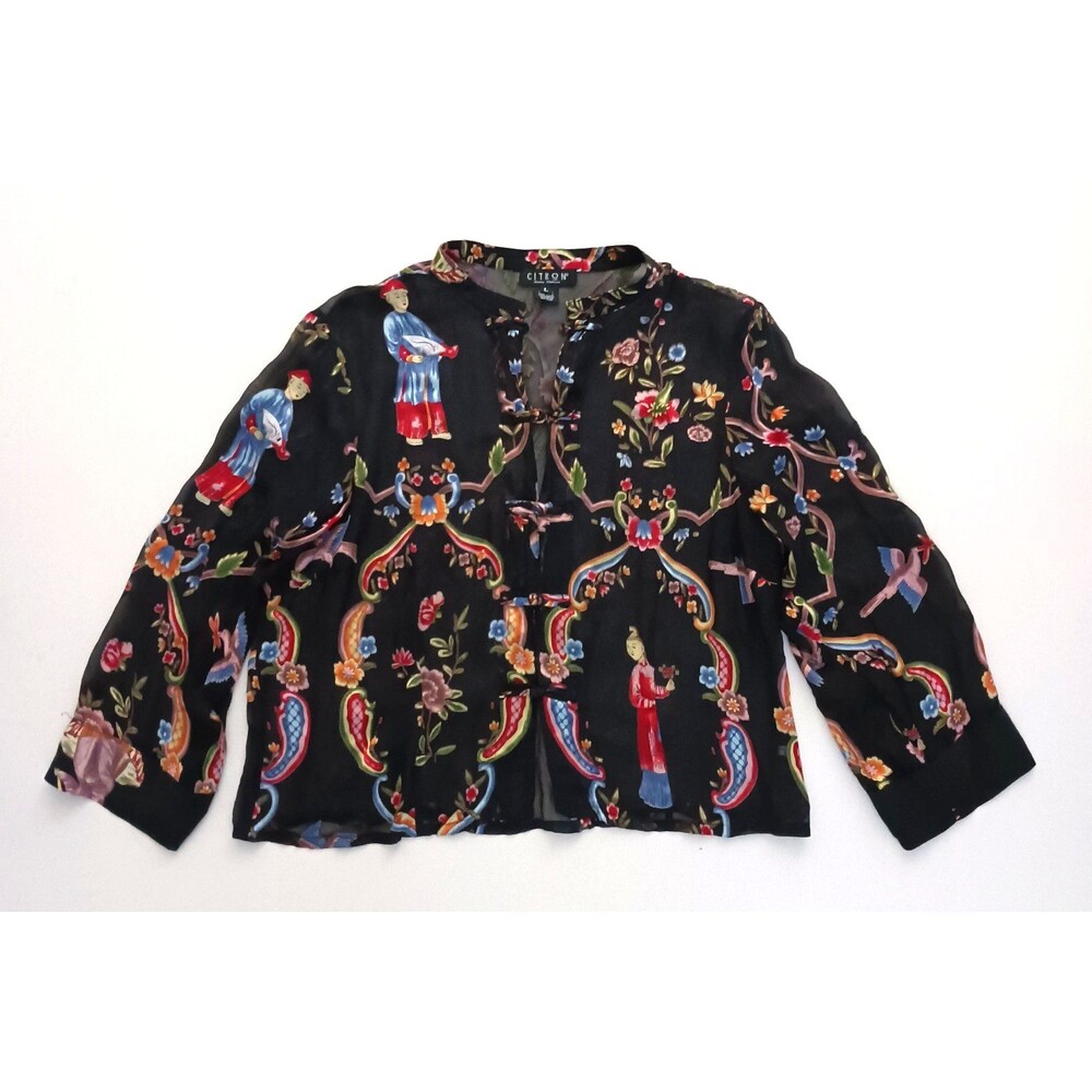 Citron Santa Monica Blk Silk Asian Print Short Jacket Top Frog Closures Sz L